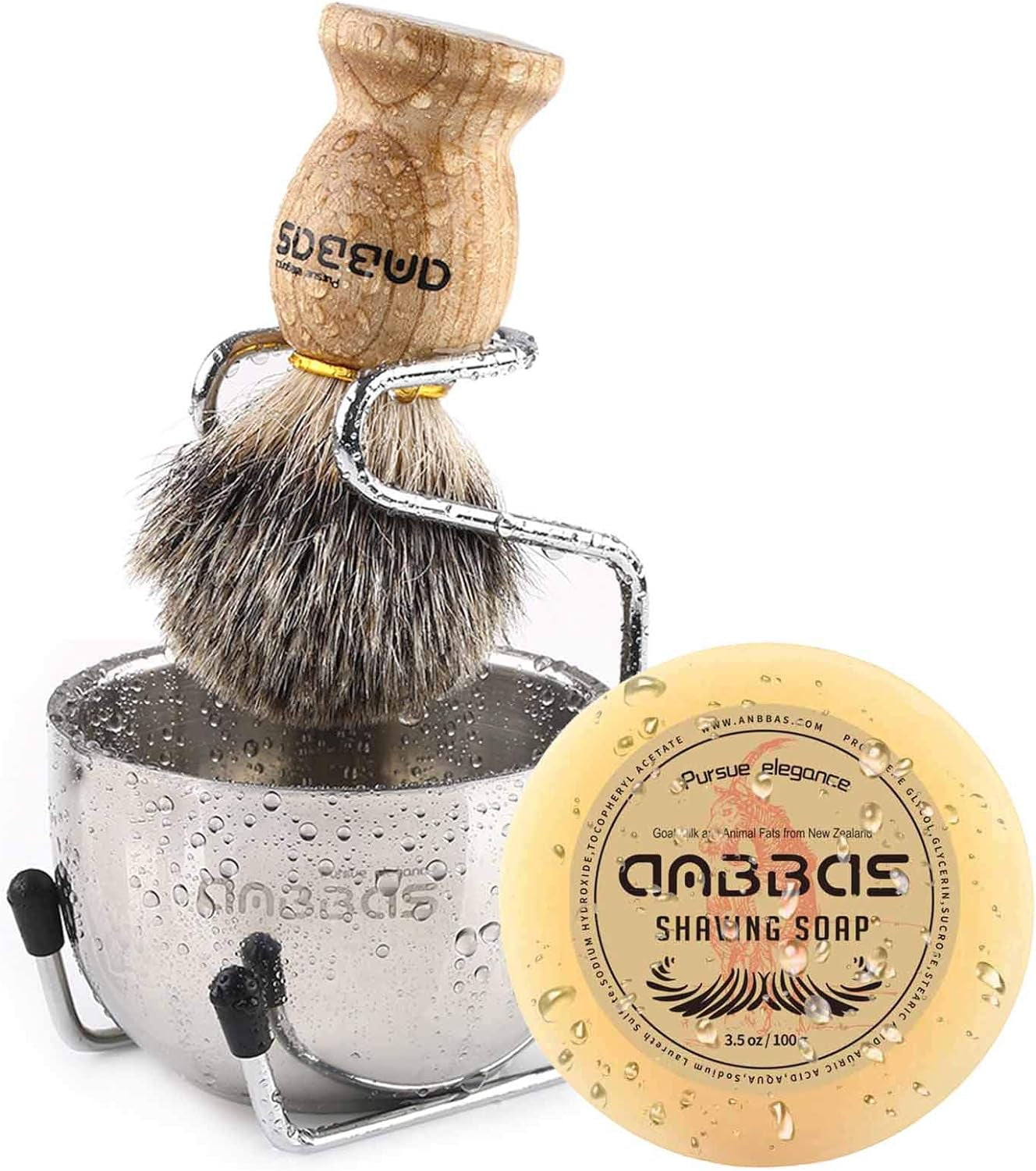 Anbbas 4 Kits Blaireaux Rasage Avec La Poignée En Bois De Fraxinus Mandschurica Et Bol De Rasage En Acier Inoxydable Et Support Rasoir+Savon Au Lait De Chèvre 100G Pour Homme Brosse