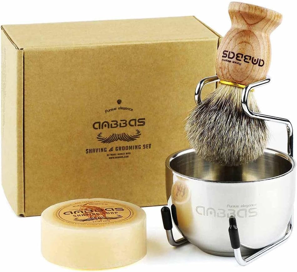 Anbbas 4 Kits Blaireaux Rasage Avec La Poignée En Bois De Fraxinus Mandschurica Et Bol De Rasage En Acier Inoxydable Et Support Rasoir+Savon Au Lait De Chèvre 100G Pour Homme Brosse
