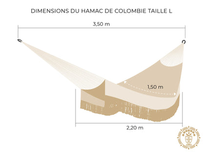 Dessin d'un hamac colombien fait main L avec mesures détaillées